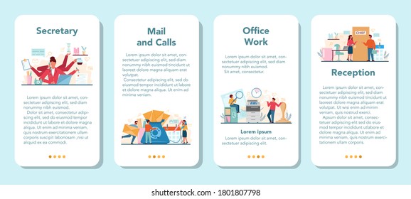 Secretary mobile application banner set. Receptionist answering calls and assisting with document. Professional office worker at the desk on computer. Isolated flat vector illustration