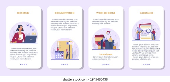 Secretary mobile application banner set. Receptionist answering calls
