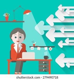 Secretary in Office with Arrows Retro Background
