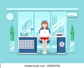 Secretary in office. Businesswoman person, worker woman, work and job, young female, flat vector illustration