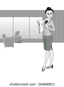 The secretary in the office with documents. Gray scale image.