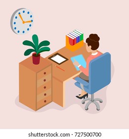 Secretary in the office at work. Concept time of work, clock on the wall. Office employee view from the back. Isometric vector illustration.