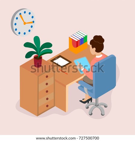 Secretary in the office at work. Concept time of work, clock on the wall. Office employee view from the back. Isometric vector illustration.