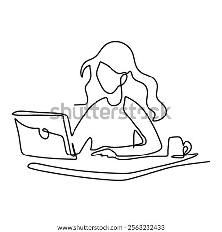 Secretary On Computer Office Graphic Design Line Art Vector Decoration