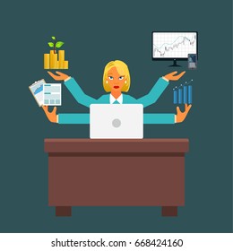 secretary on a workplace illustration. business woman with many job infographic. business concept. 