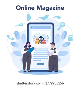 Secretary online service or platform. Receptionist answering calls and assisting with document. Online magazine. Isolated flat vector illustration