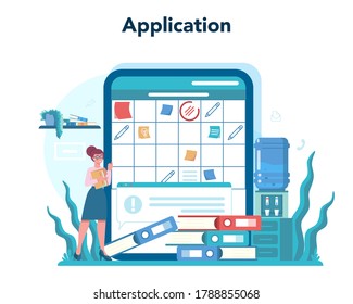 Secretary online service or platform. Receptionist answering calls and assisting with document. Application. Isolated flat vector illustration
