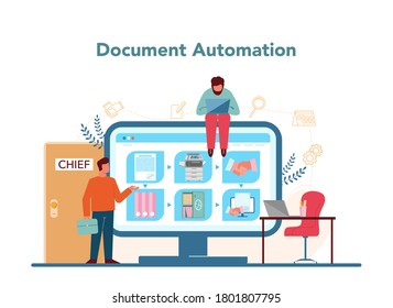 Secretary online service or platform. Receptionist answering calls and assisting with document. Document automation. Isolated flat vector illustration