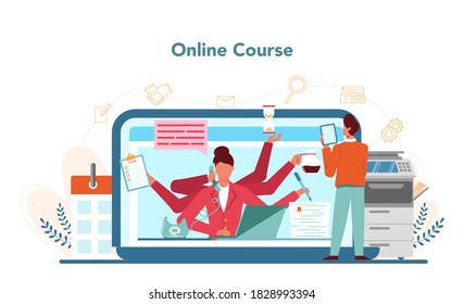 Secretary online service or platform. Receptionist answering calls and assisting with document. Online course. Isolated flat vector illustration