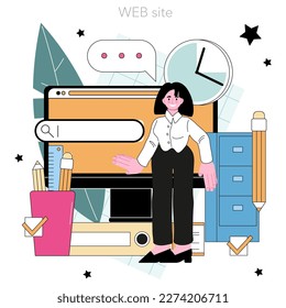 Secretary online service or platform. Receptionist answering calls, planning the day and records keeping. Website. Flat vector illustration