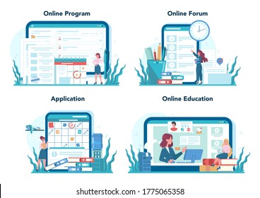 Secretary online service or platform set. Receptionist answering calls and assisting with document. Online program, forum, application, education. Isolated flat vector illustration