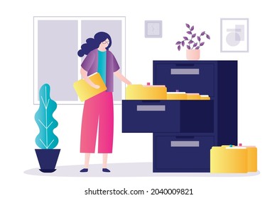 Secretary organizes documents in archive. Businesswoman in office sorts documents. Female character organizes folders in closet. Concept of filing system and file management. Flat vector illustration