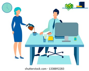 Secretary pours coffee to the boss. In minimalist style Cartoon flat Vector Illustration