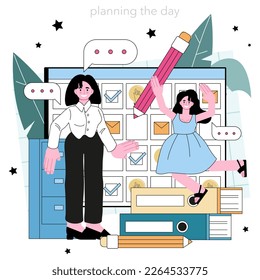 Secretary. Receptionist answering calls and assisting with document. Professional office worker planning the day and records keeping. Flat vector illustration