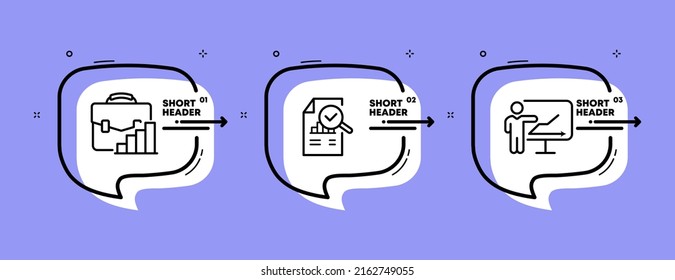 Secretary Set Symbol. Briefkasten, Statistik, Vergrößerung, Forschung, Flipchart, Pfeil. Geschäftskonzept. Infografische Zeitleiste mit Symbolen und 3 Schritten. Vektorsymbol für Business und Werbung.