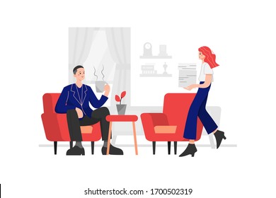 The secretary took lots of documents and walked into the director's room while he was drinking coffee