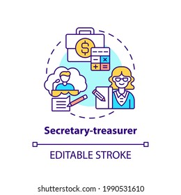 Secretary treasurer concept icon. Company top management jobs. Controlling all financial activities. Budget idea thin line illustration. Vector isolated outline RGB color drawing. Editable stroke