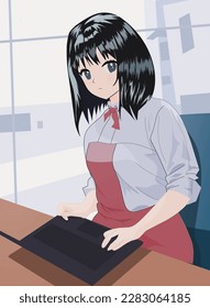 Secretary typing on laptop keyboard sit at desk. Young woman working with laptop. People working with laptop in office. vector illustration, 