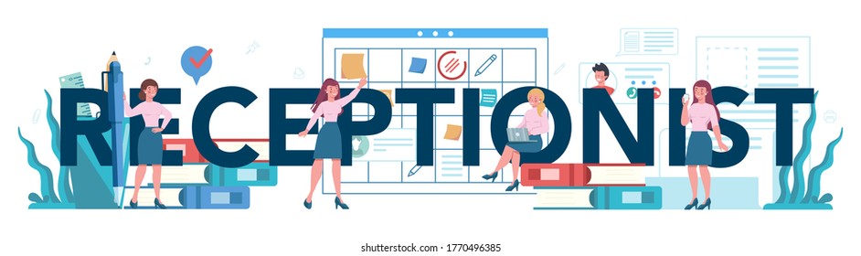 Secretary typographic header concept. Receptionist answering calls and assisting with document. Professional office worker at the desk on computer. Isolated flat vector illustration