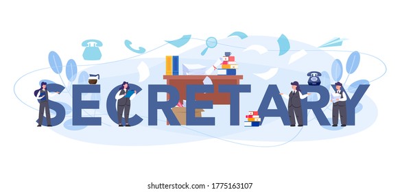 Secretary typographic header concept. Receptionist answering calls and assisting with document. Professional office worker at the desk on computer. Isolated flat vector illustration