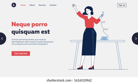 Secretary using wired telephone. Woman calling someone to phone flat vector illustration. Communication, retro technology concept for banner, website design or landing web page