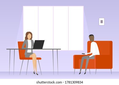 Secretario y visitante en la sala de recepción. Ilustración vectorial. 
