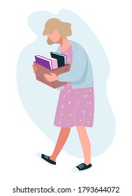 Secretary walking with documents and files in box. Unemployed character looking for job. Female personage with packaging, business woman searching workplace. Company manager vector in flat style