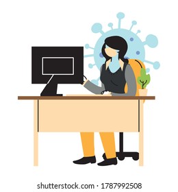 secretary wearing face mask at her workplace vector illustration design