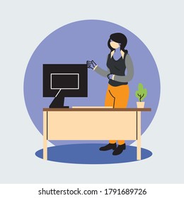secretary wearing face mask at her workplace vector illustration design