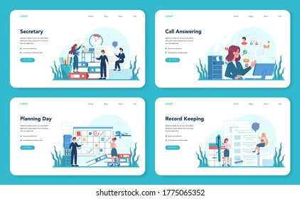 Secretary web banner or landing page set. Receptionist answering calls and assisting with document. Professional office worker at the desk on computer. Isolated flat vector illustration