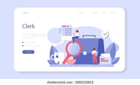 Secretary web banner or landing page. Receptionist answering calls and assisting with document. Professional office worker at the desk on computer. Isolated flat vector illustration