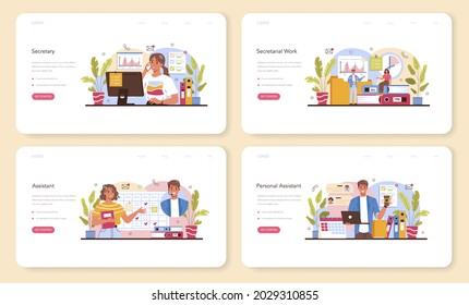 Secretary web banner or landing page set. Receptionist answering calls and assisting with document. Professional office worker at the desk on computer. Isolated flat vector illustration