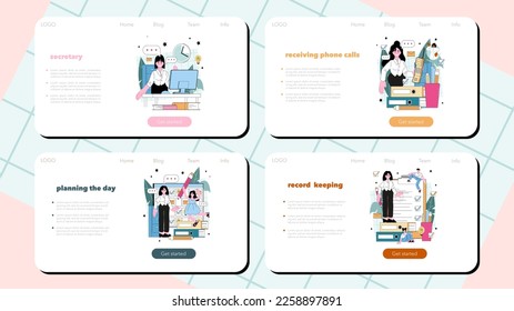 Secretary web banner or landing page set. Receptionist answering calls and assisting with document. Professional office worker planning the day and records keeping. Flat vector illustration