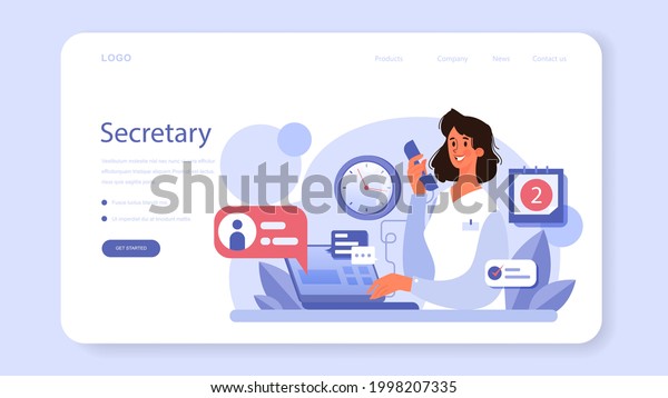 Secretary web\
banner or landing page. Receptionist answering calls and assisting\
with document. Professional office worker at the desk on computer.\
Isolated flat vector\
illustration