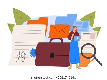 Secretary woman with briefcase. Young girl with documents. Clerk or manager with paperwork. Busy worker or employee. Businesswoman or accountant. Flat vector illustration