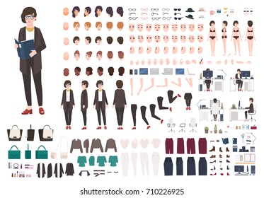 Secretary woman creation set or DIY kit. Collection of female cartoon character's body parts, face expressions, gestures, clothing and accessories isolated on white background. Vector illustration.