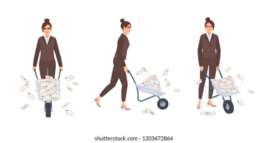 Secretary woman dressed in elegant office suit carrying wheelbarrow full of letters in envelopes. Female cartoon character isolated on white background. Front and side views. Flat vector illustration.