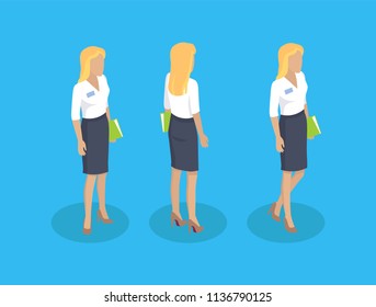 Secretary woman icons set. Businesswoman wearing skirt bluse with name badge holding business papers. Leader director of company isolated on vector