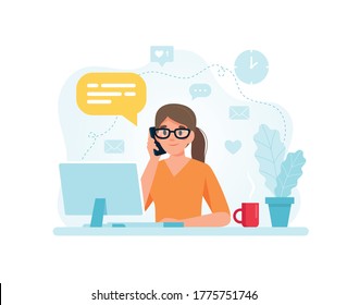 Secretary woman sitting at a desk responding to a call. Vector illustration in flat style