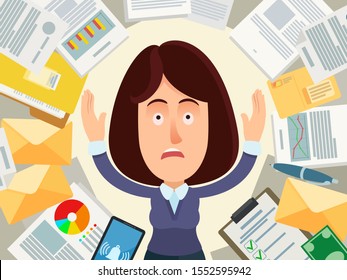 Secretary woman under stress at work, a lot of work. Very busy office worker - concept. Dizzy, intense workflow, headache. Business vector illustration, flat design cartoon style.