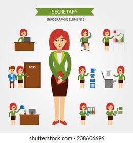 Secretary at work infographic elements. Business woman working in the office, a presentation, talking on the phone, meet with the staff, working at computer, receives a salary vector flat illustration