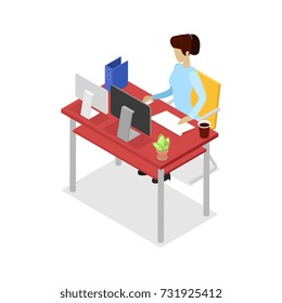 Secretary work on computer isometric 3D icon. Corporate office life, modern workplace, business people conceptual vector illustration.