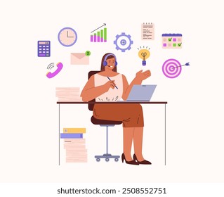 Secretary at work. Vector illustration of a woman sitting at a desk with a laptop, wearing headphones, surrounded by office icons such as a clock, calendar, phone, charts, and files.