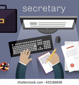 Secretary work view top flat design. Secretary office business, view work top, desk with document workspace or workplace, table with paper and computer, worker businessman, vector illustration