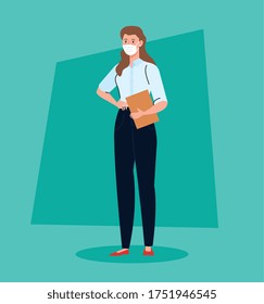 secretary worker using face mask during covid 19 vector illustration design