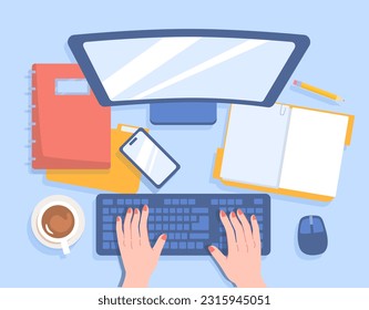 Secretary working at computer top view. Woman typing text on keyboard to them sitting at table with books. Planning and time management. Manager at workplace. Cartoon flat vector illustration