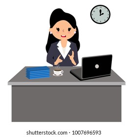 The secretary is working on her desk.