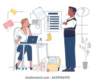 Secretary at workplace. Woman with phone at work. Boss talking with clerk. Planning and organizing effective workflow. Professional assistant. Linear vector illustration