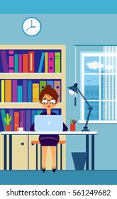 Secretary writing report on laptop. Afternoon time in cozy office. Vector illustration. 