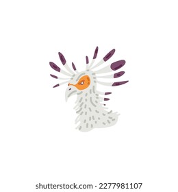 Secretarybird african bird head, flat vector illustration isolated on white background. Representative of birds and fauna, symbol of african nature and wildlife.